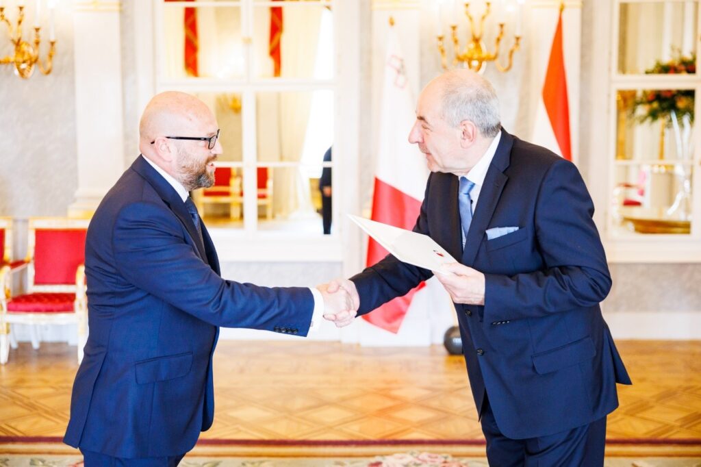 H.E. Roberto Buontempo (L), Ambassador of the Republic of Malta to Hungary presenting his Letters of Credence to H.E. Tamas Sulyok (L), President of Hungary at the Presidential Palace, in Budapest.