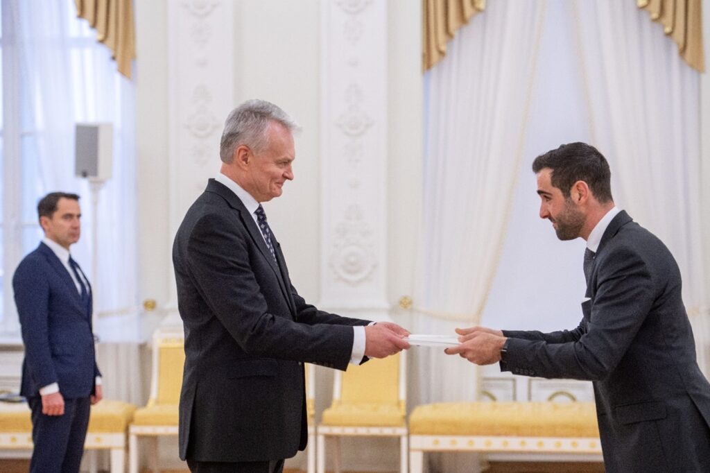 H.E. Dr. Alexander Scerri Herrera (R), Ambassador of the Republic of Malta to the Republic of Lithuania presenting his Letters of Credence to H.E. Gitanas Nauseda (L), President of the Republic of Lithuania at the Presidential Palace, in Vilnius.