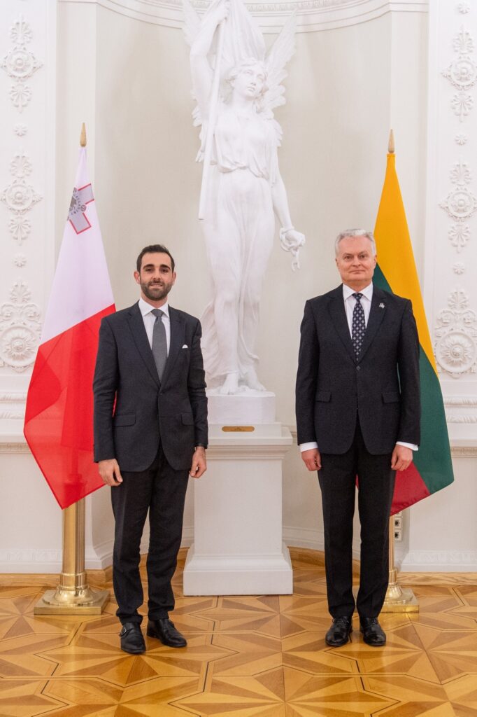 H.E. Dr. Alexander Scerri Herrera (L), Ambassador of the Republic of Malta to the Republic of Lithuania and H.E. Gitanas Nauseda (R) President of the Republic of Lithuania at the Presidential Palace in Vilnius.